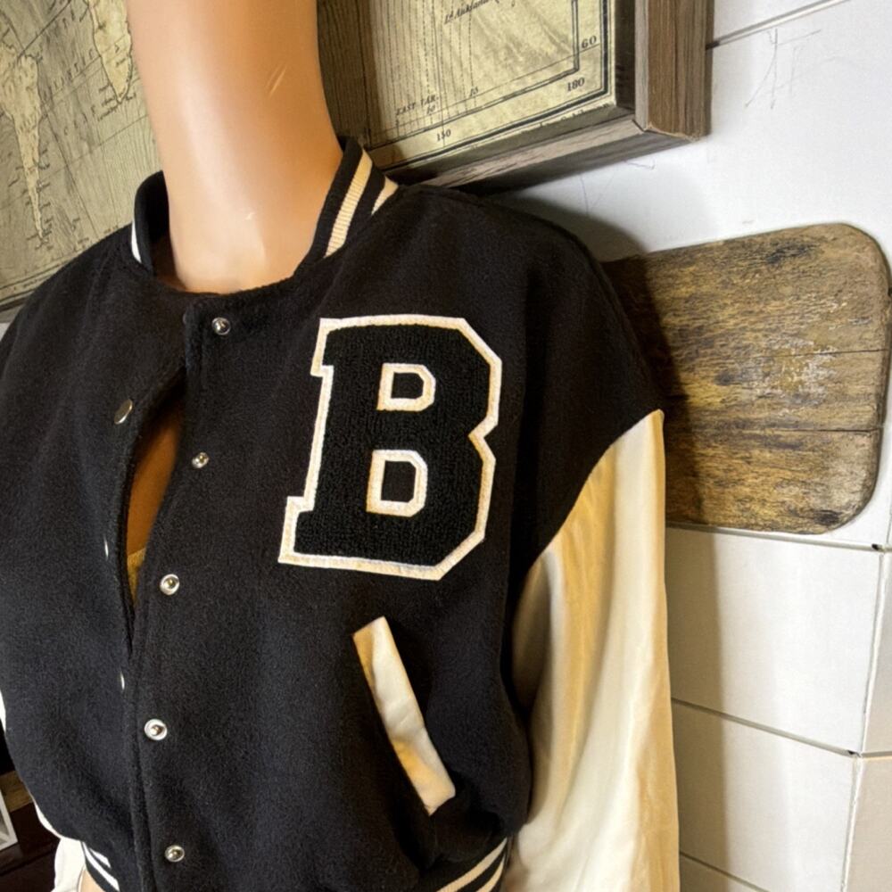 Love Tree Women's Black White Varsity Jacket Letter Striped Ribbing Snap Closure - Picture 3 of 7